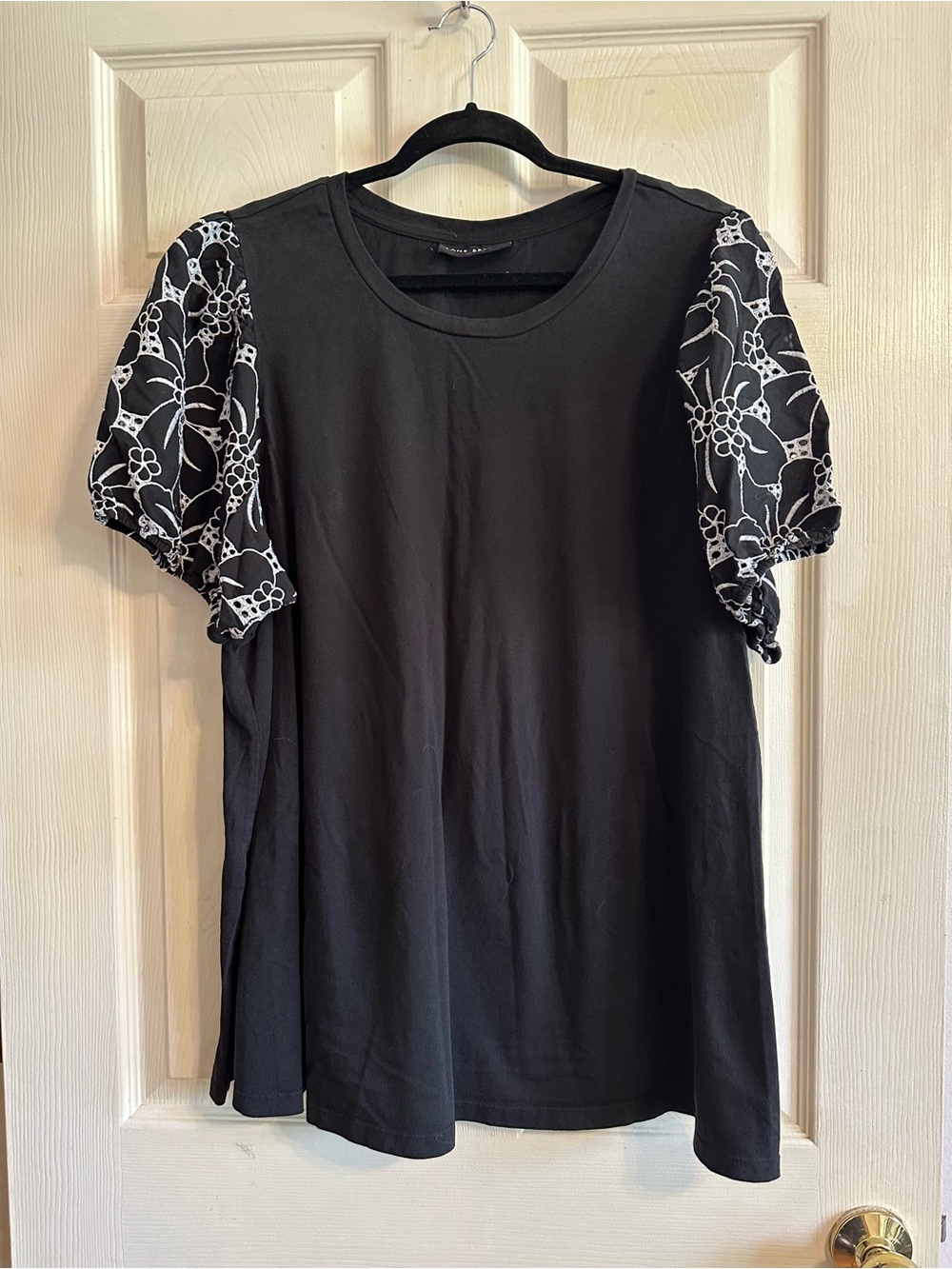 Lane Bryant Black Tee with White Floral Puff Sleeves